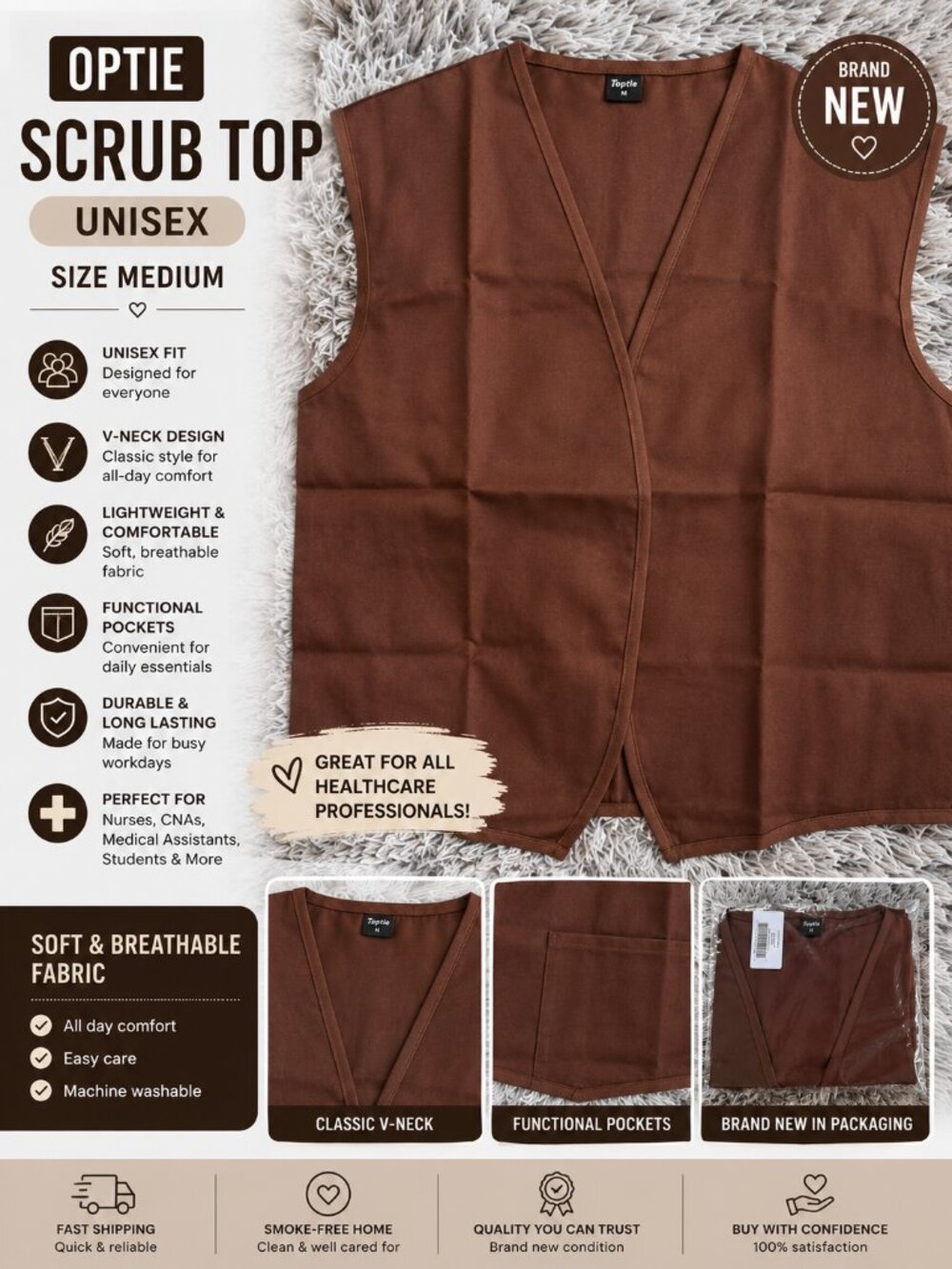 Optie Unisex Scrub Top Size M Brown V-Neck Medical Healthcare Uniform NEW